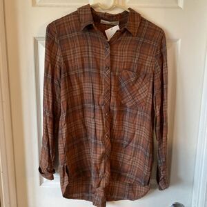 Becool Women’s Small Button Up Long Sleeve Plaid Shirt Brown Checked Rust Light